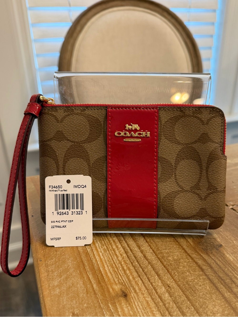Coach Brown Signature Canvas Wristlet with Red Patent Center